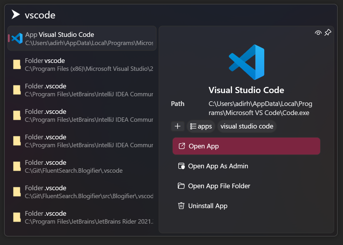 Fuzzy search matching Visual Studio Code by searching vscode