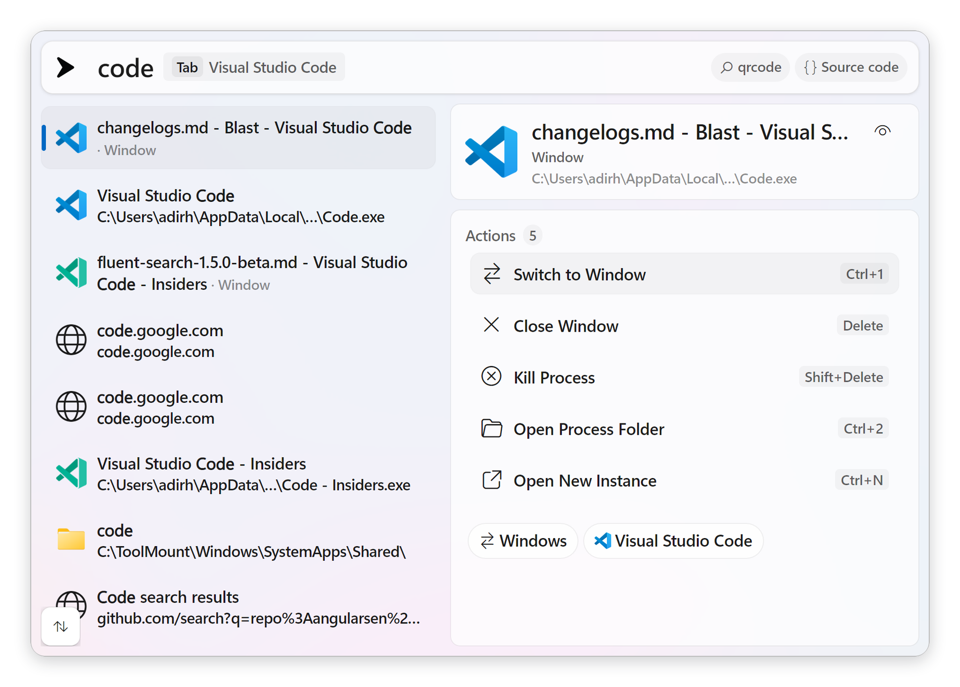 A single query finding two open editor windows, two installed apps, a folder and web results at once, with matching search tags offered on the right of the search bar