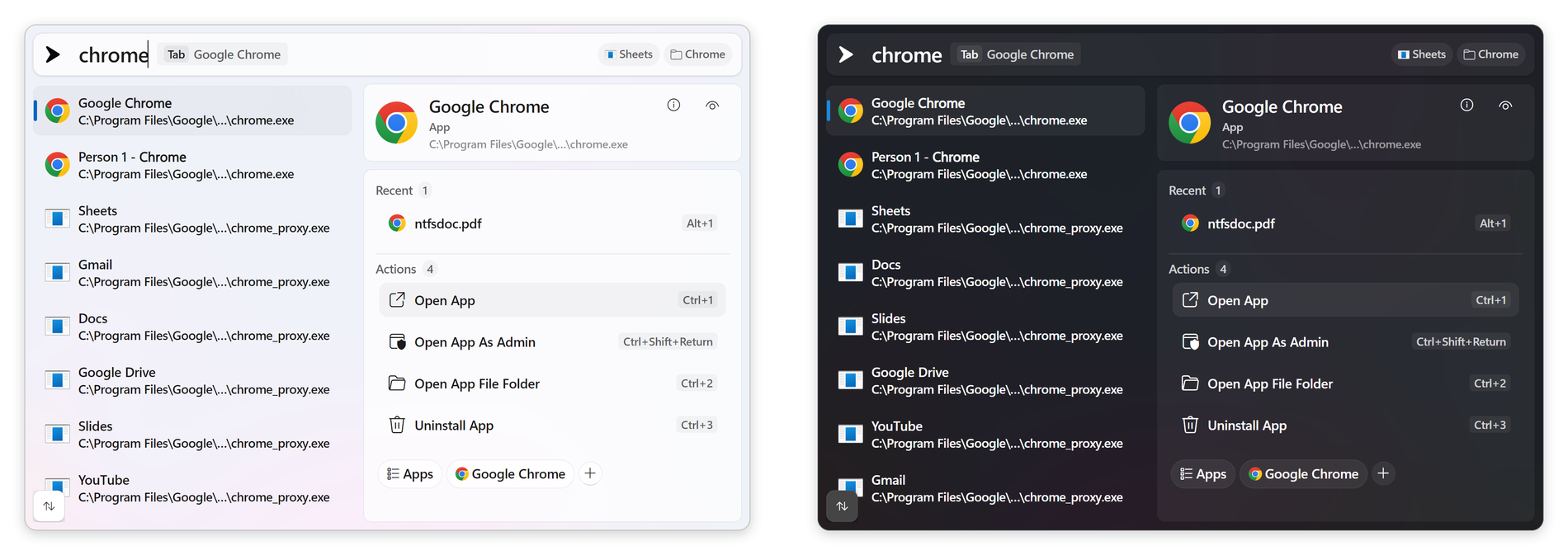 The same search shown side by side in the light and dark themes