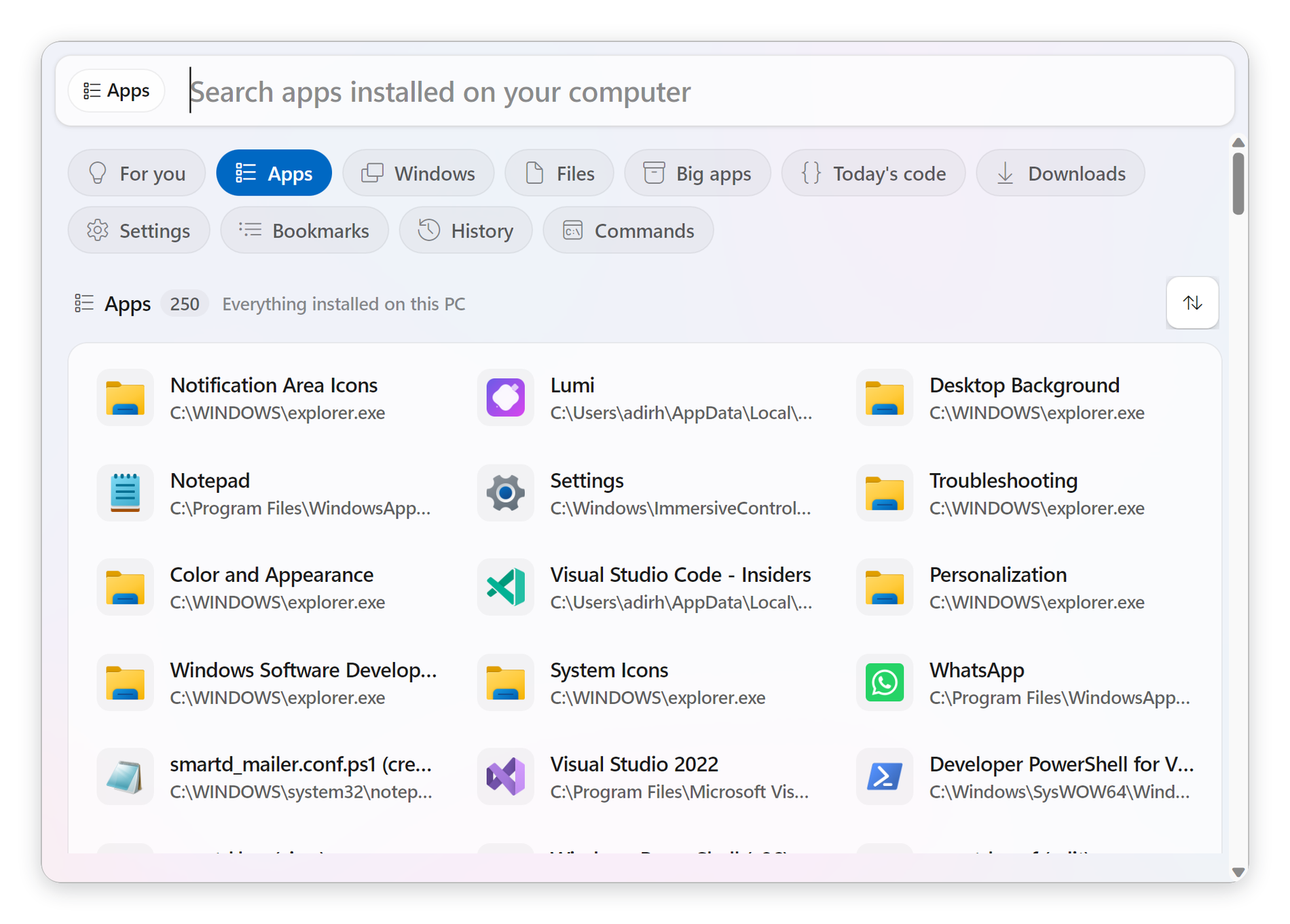 The Apps lens, browsing every installed application without a search query
