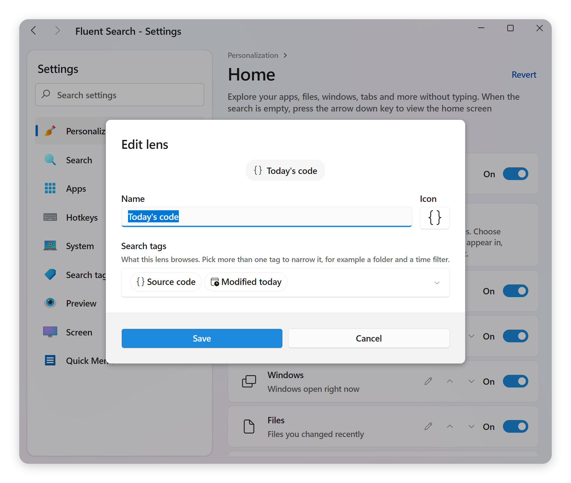 The lens editor, showing a lens made from a name, an icon and two search tags