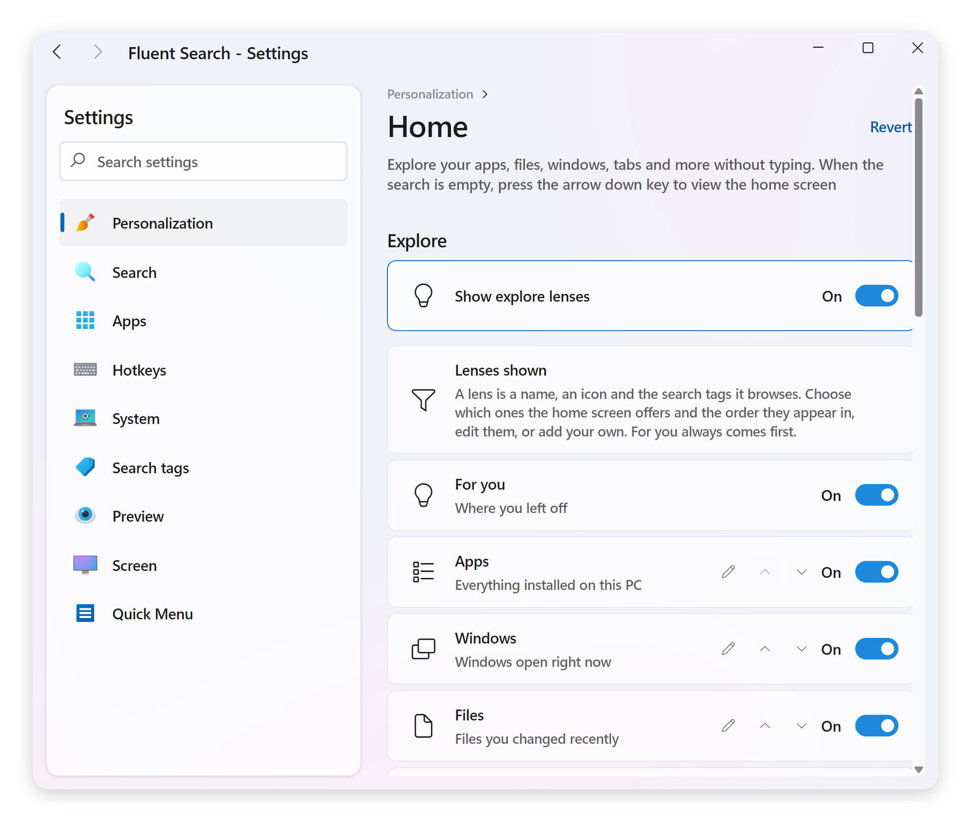 The Explore settings page, where lenses can be reordered, edited, added and turned off