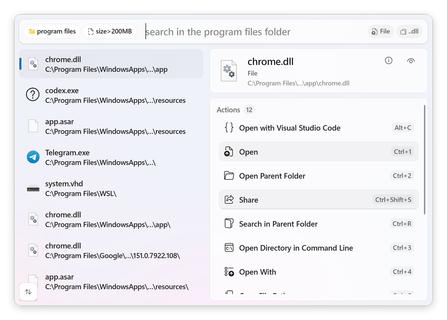 Two tags combined: a program files folder tag and a size greater than 200 MB tag