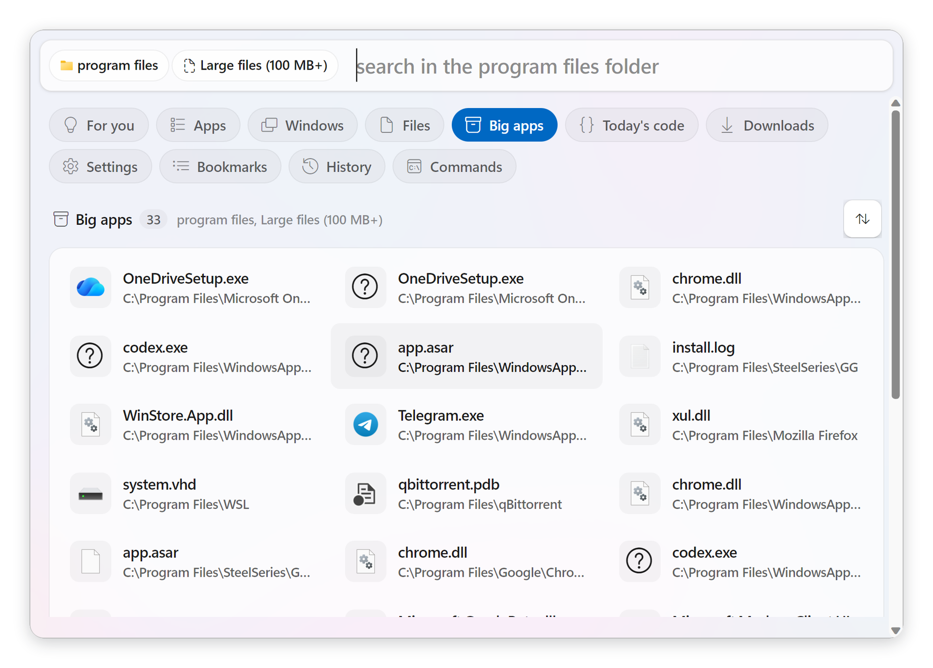 A lens combining a folder filter with the Large files (100 MB+) size filter, listing the biggest installed apps