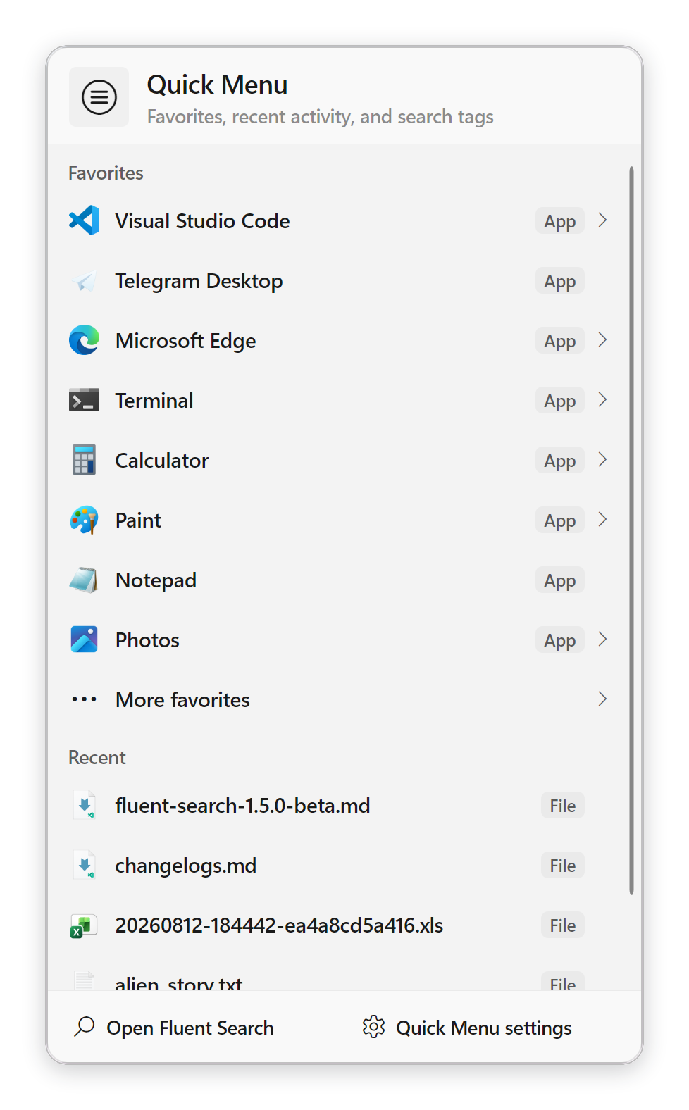 Quick Menu showing favourites and recent files
