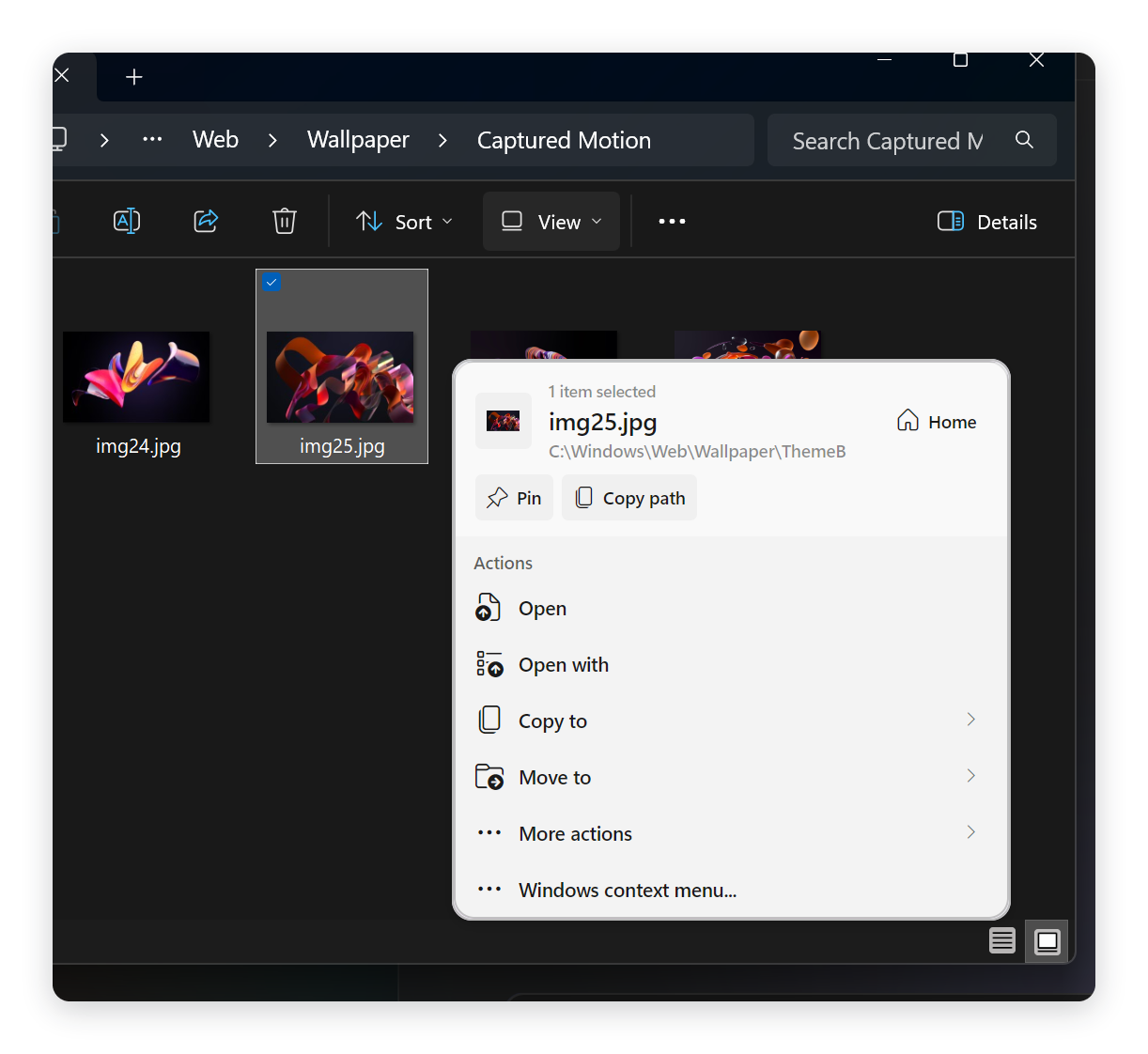 Quick Menu opened over File Explorer, acting on the single selected image