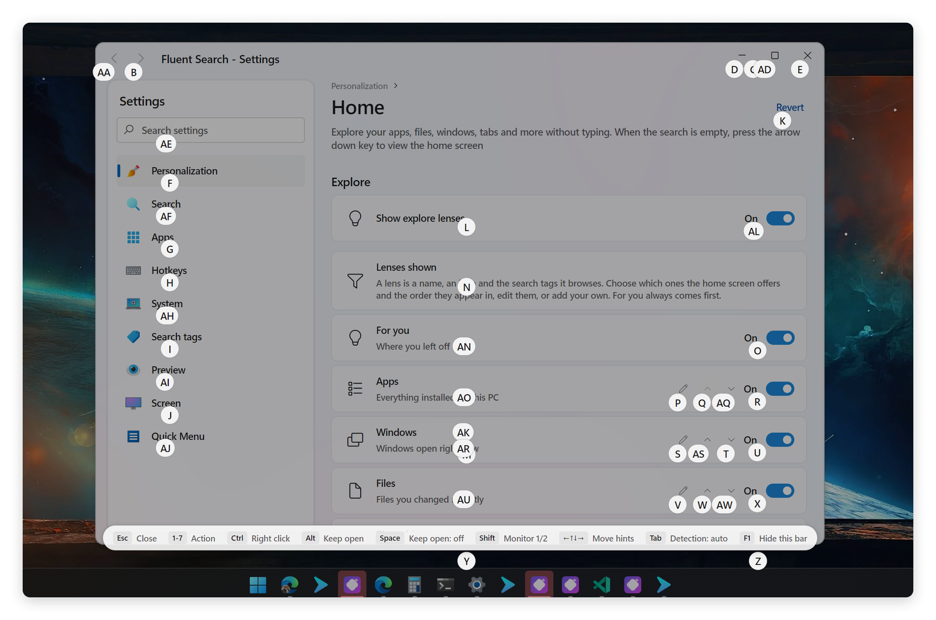 Screen Search labelling every control in a window, with the shortcut bar along the bottom