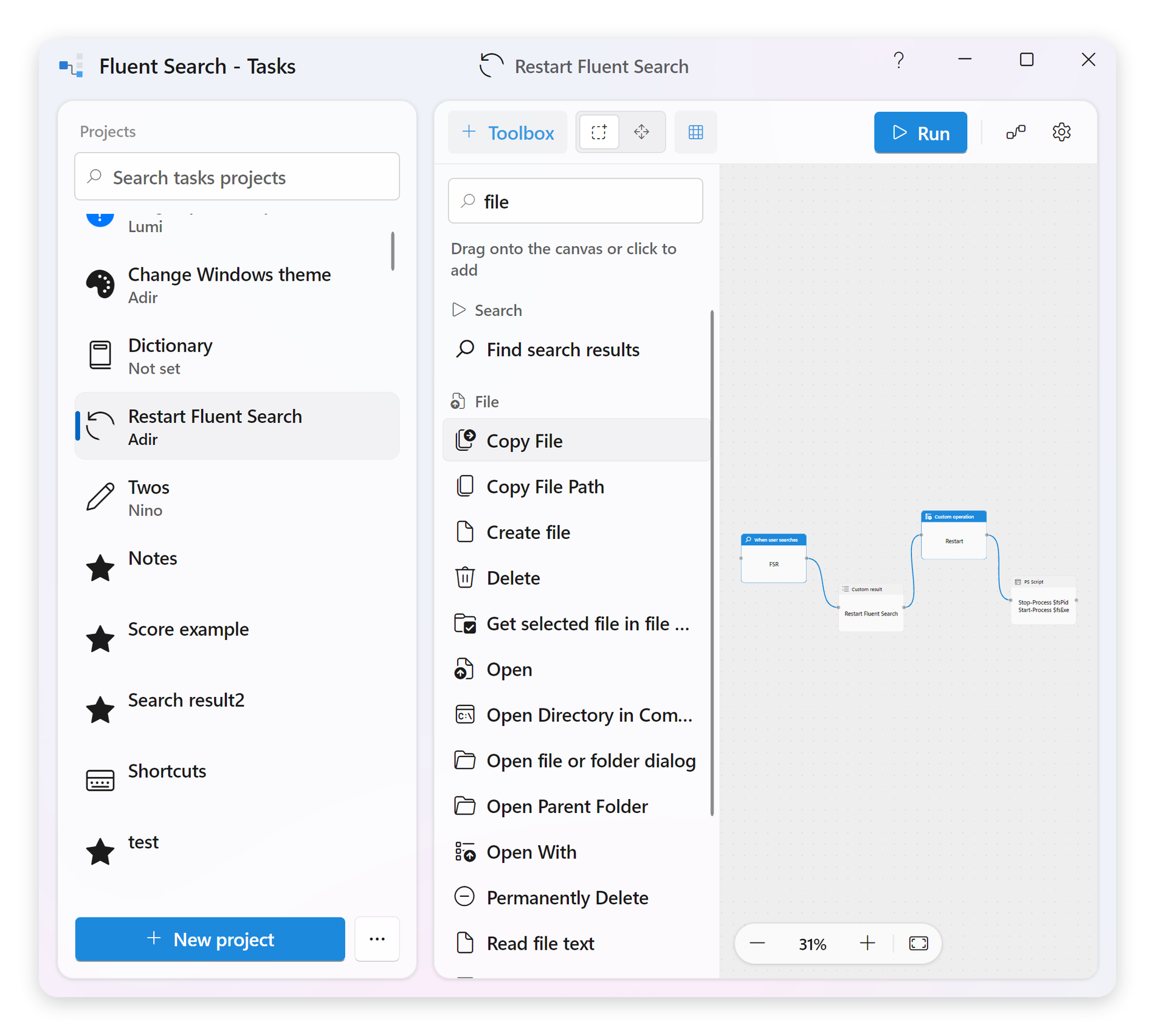 The Tasks designer with the operation toolbox open and filtered by a search