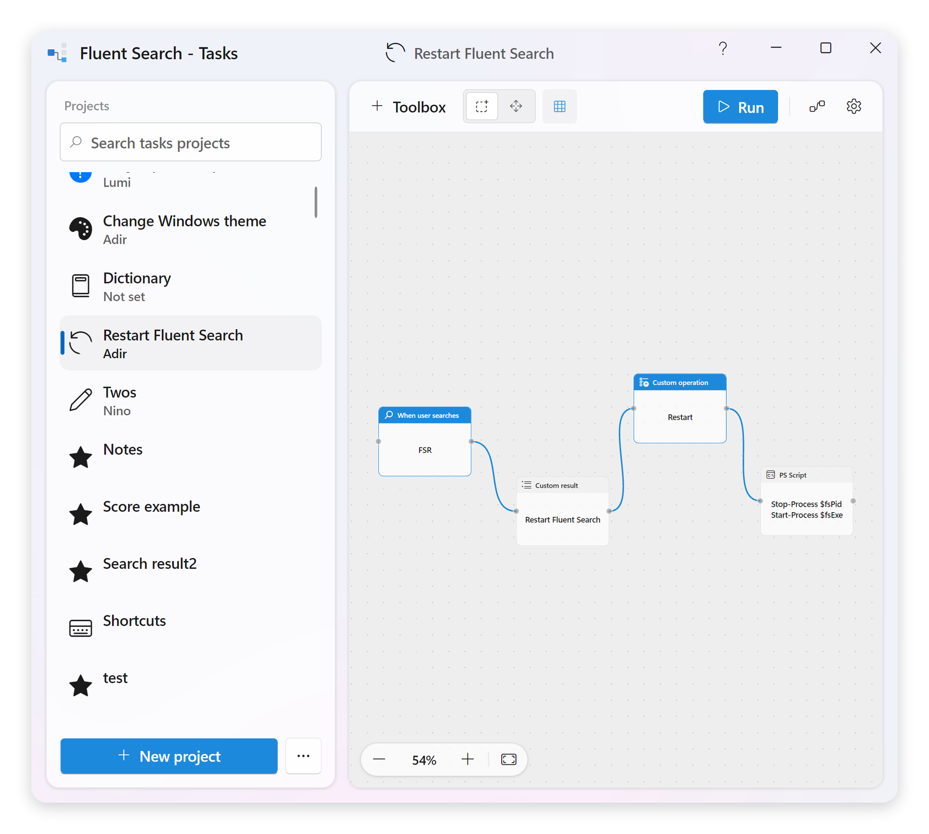 A task graph: a search trigger feeding a custom result, an operation and a PowerShell script