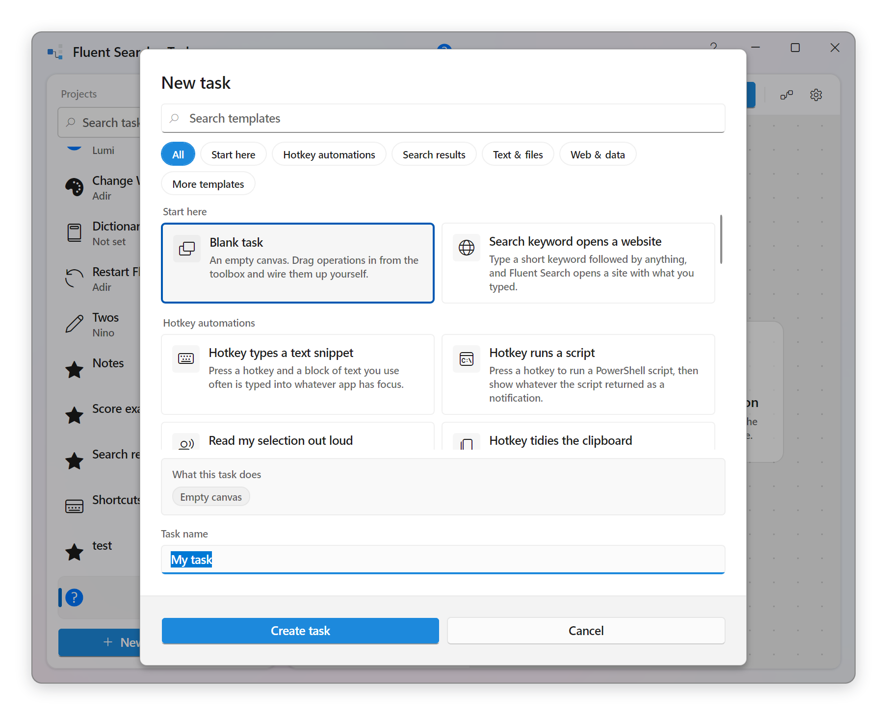 The new task dialog with template categories and cards