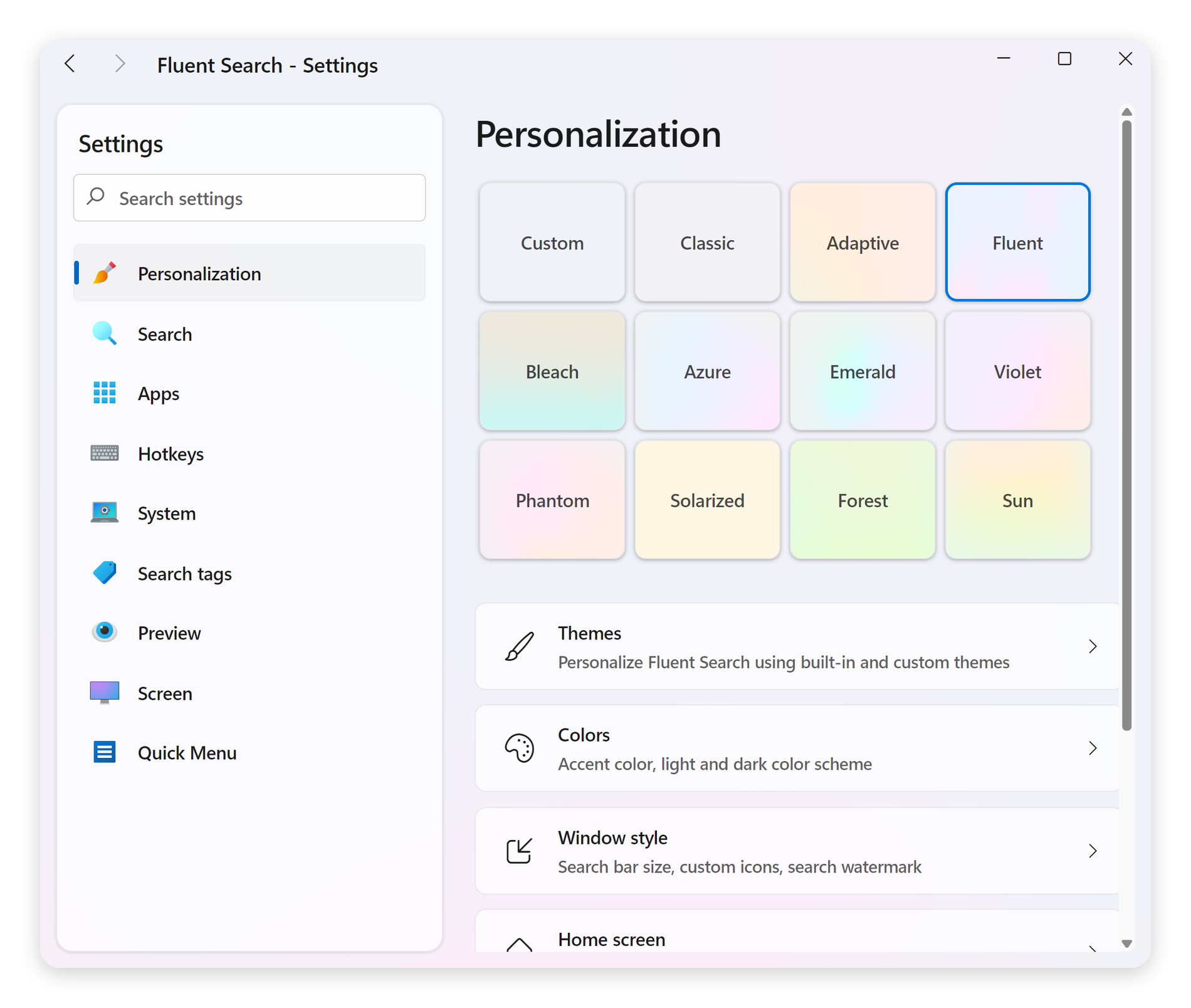 The modernised Settings window, showing the built-in theme presets