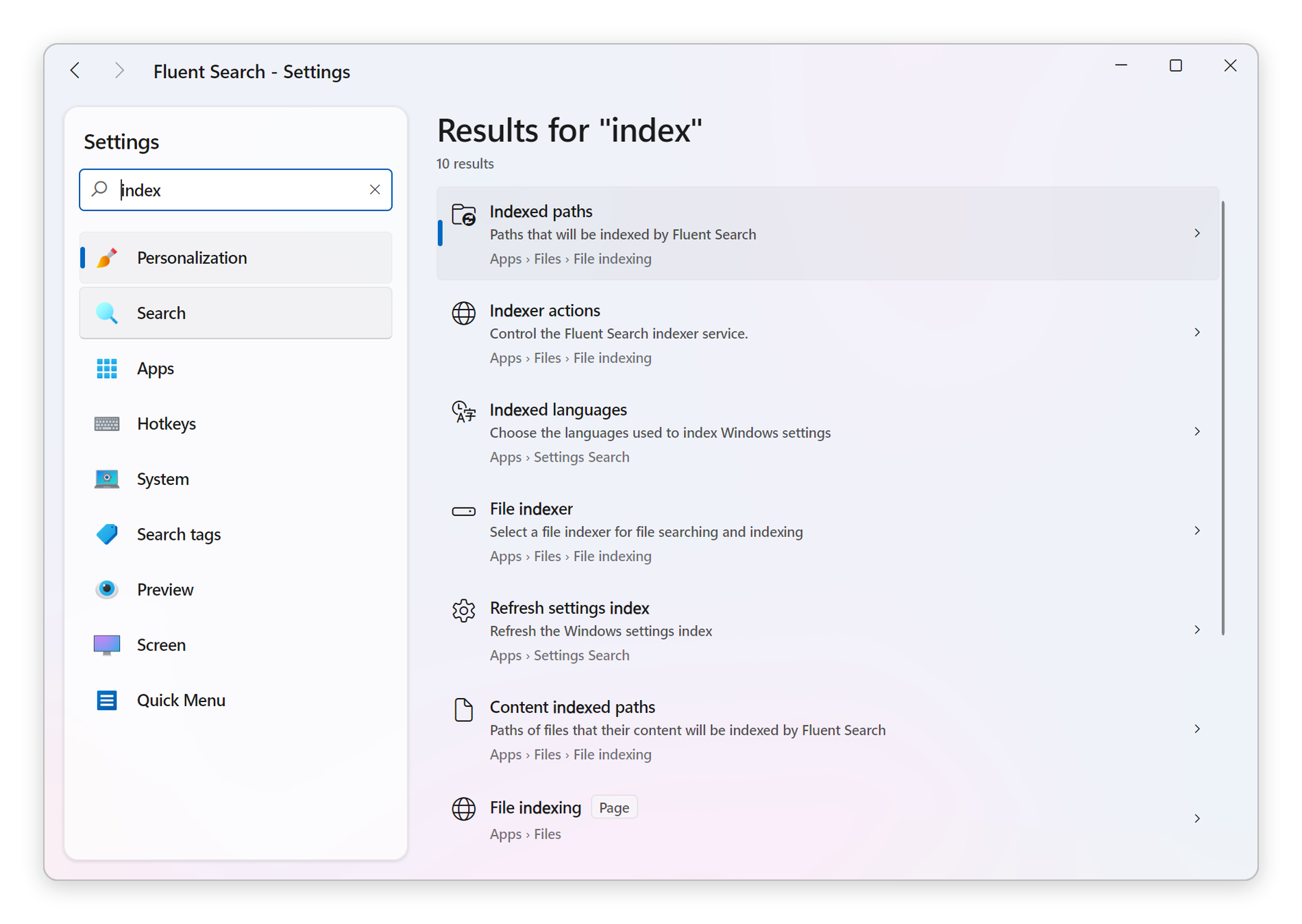 Settings search showing inline results with full paths and Page badges