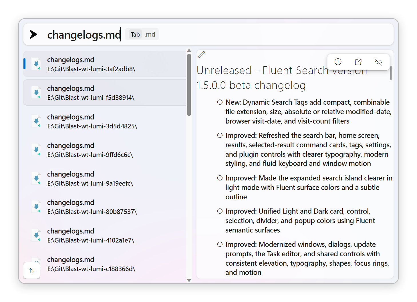 A markdown file rendered in the preview pane, with the floating result toolbar visible on top of it
