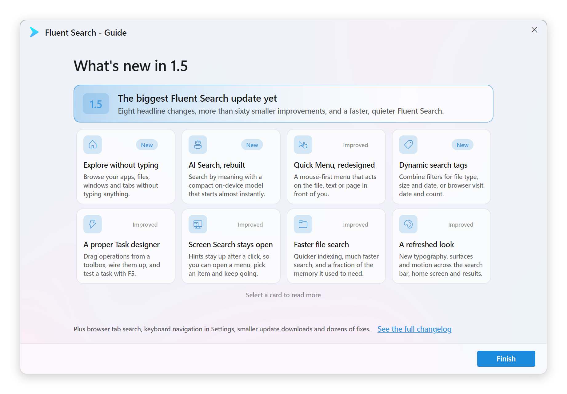 The What's new in 1.5 page, with eight highlight cards