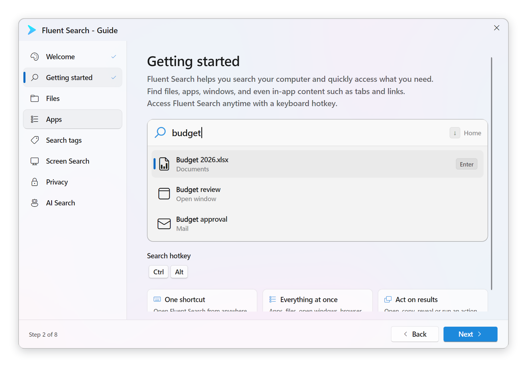 A step of the welcome tour, with a live search replica and a hotkey picker built into the page