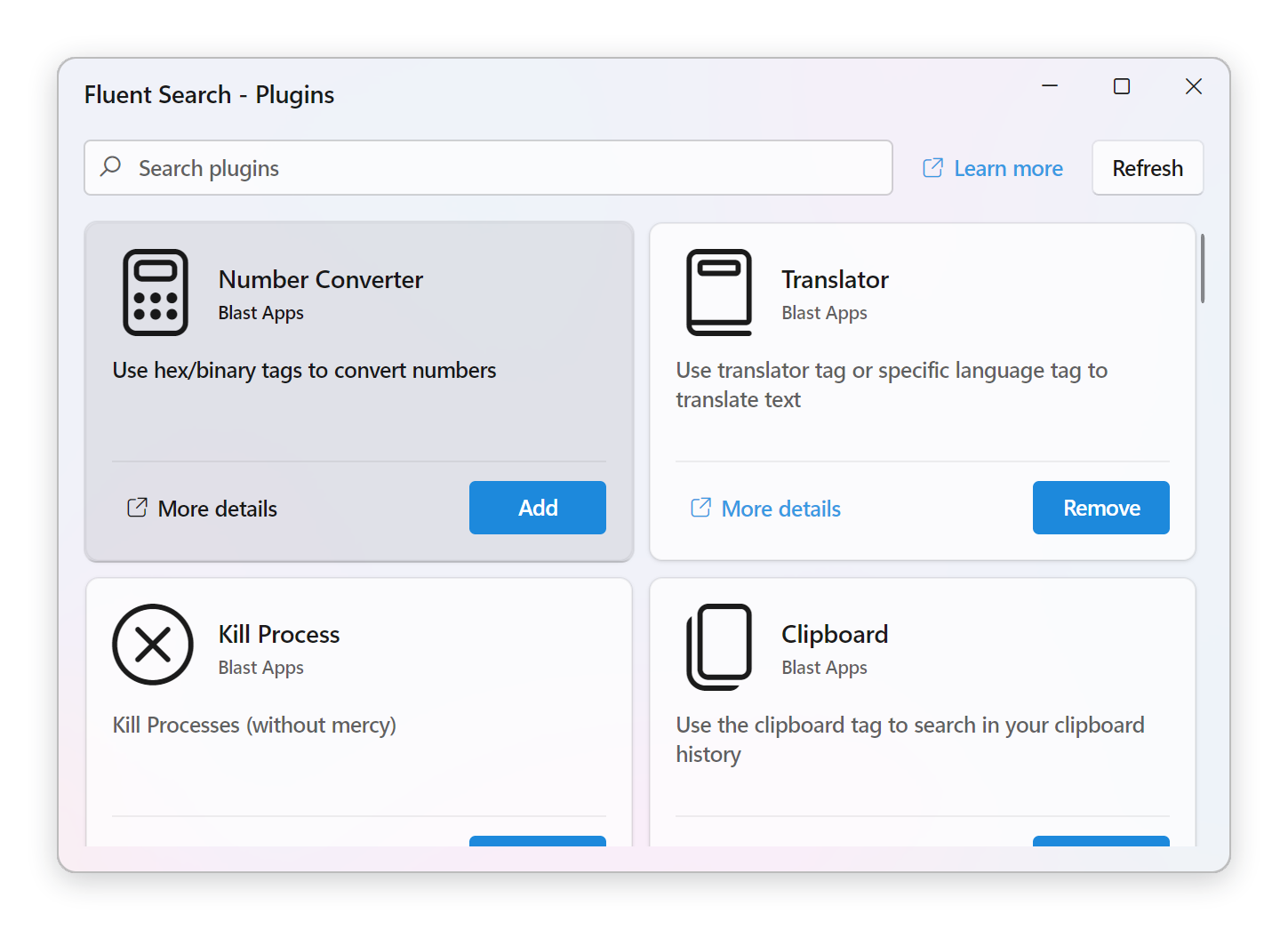 The Plugins window with its search box and plugin cards