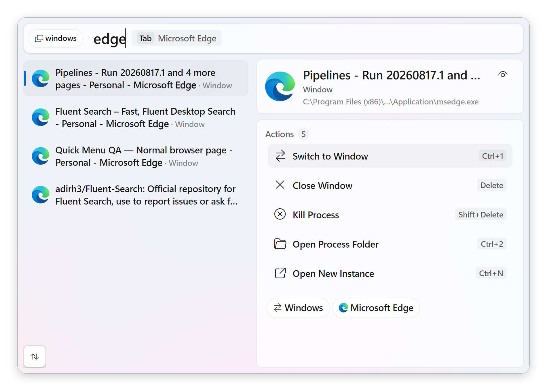 Four separate Microsoft Edge windows found by one search, with switch, close and kill actions